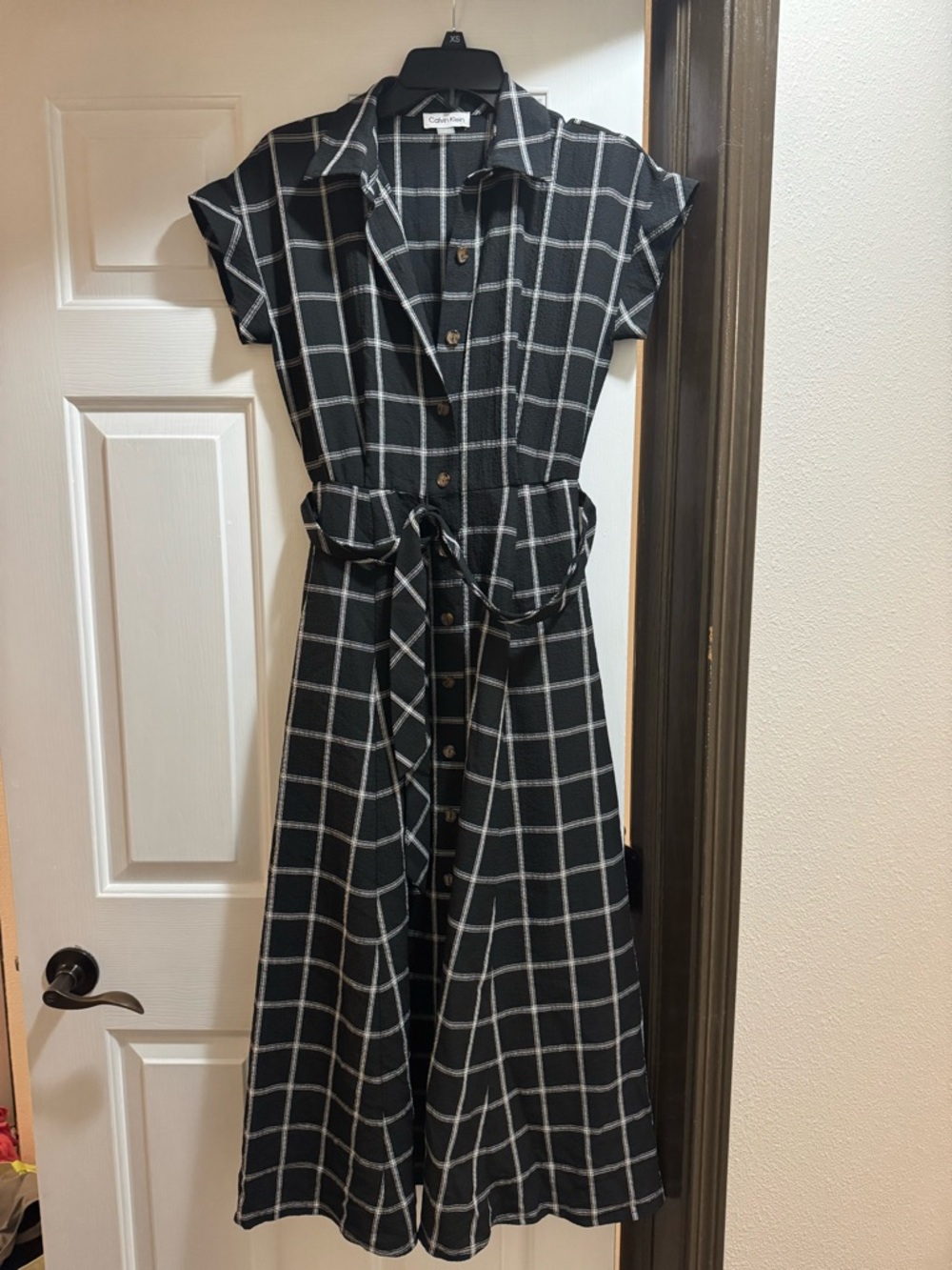 Calvin Klein Black and White Windowpane Maxi Shirt Dress